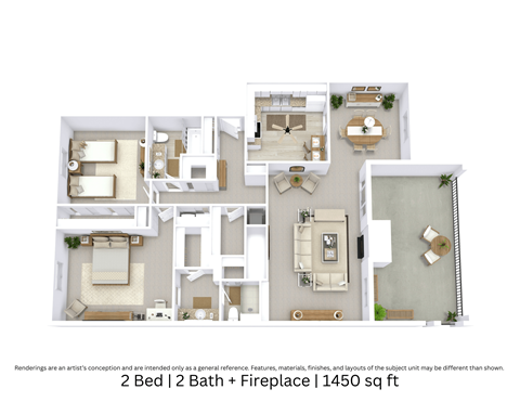 Floor plan for 2 beds, 2 baths, 1450 sqft